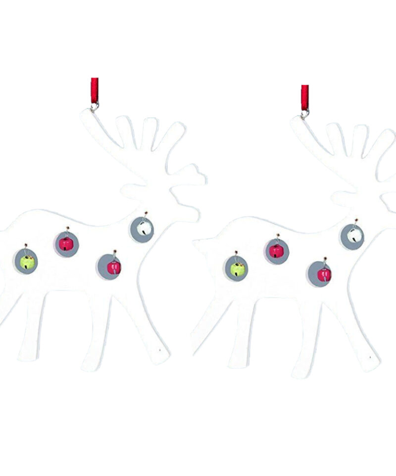 Two Reindeer Shaped White Tree Hangers With Pale Multi-Coloured Bells - Christmas Decoration
