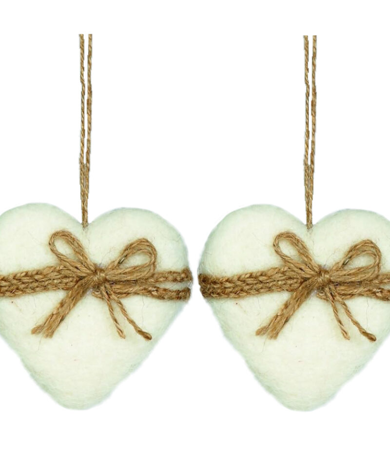 Toyland Pack of 2-10cm White Woollen Heart Christmas Tree Bauble Decoration