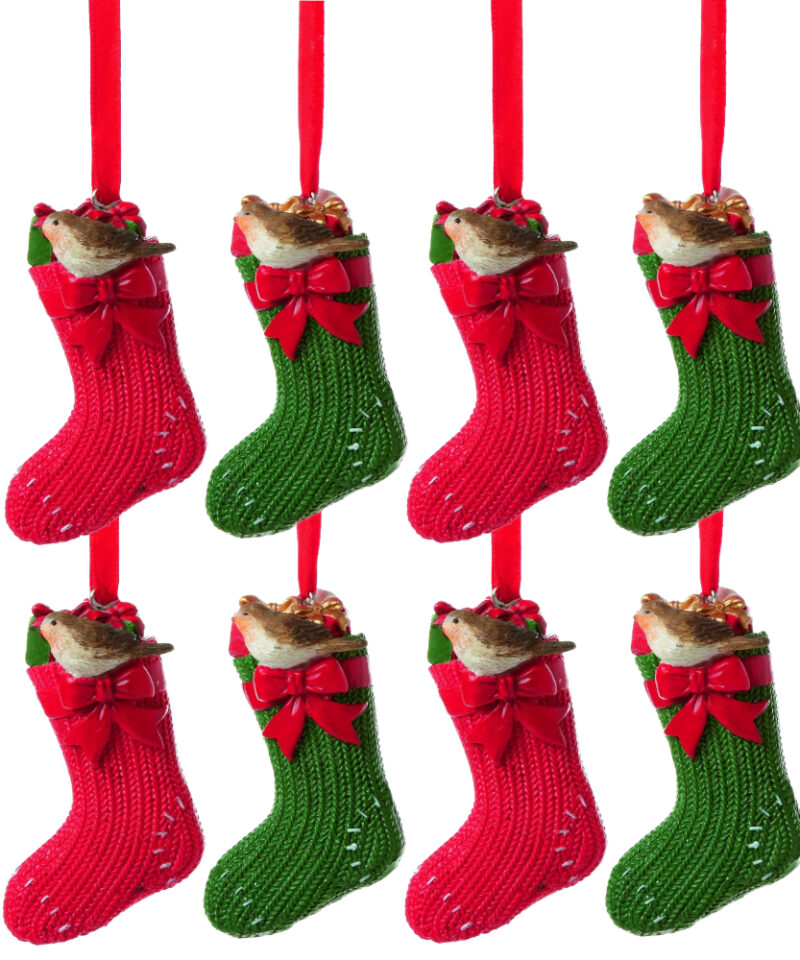 Pack of 8 - Red & Green Stocking Tree Trims With Decorative Robin Perched On Top - Christmas Hanger