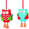 One Bright Blue And One Bright Red Decorated Clay Owl Decorations - 1 of Each - Christmas Tree Hanger