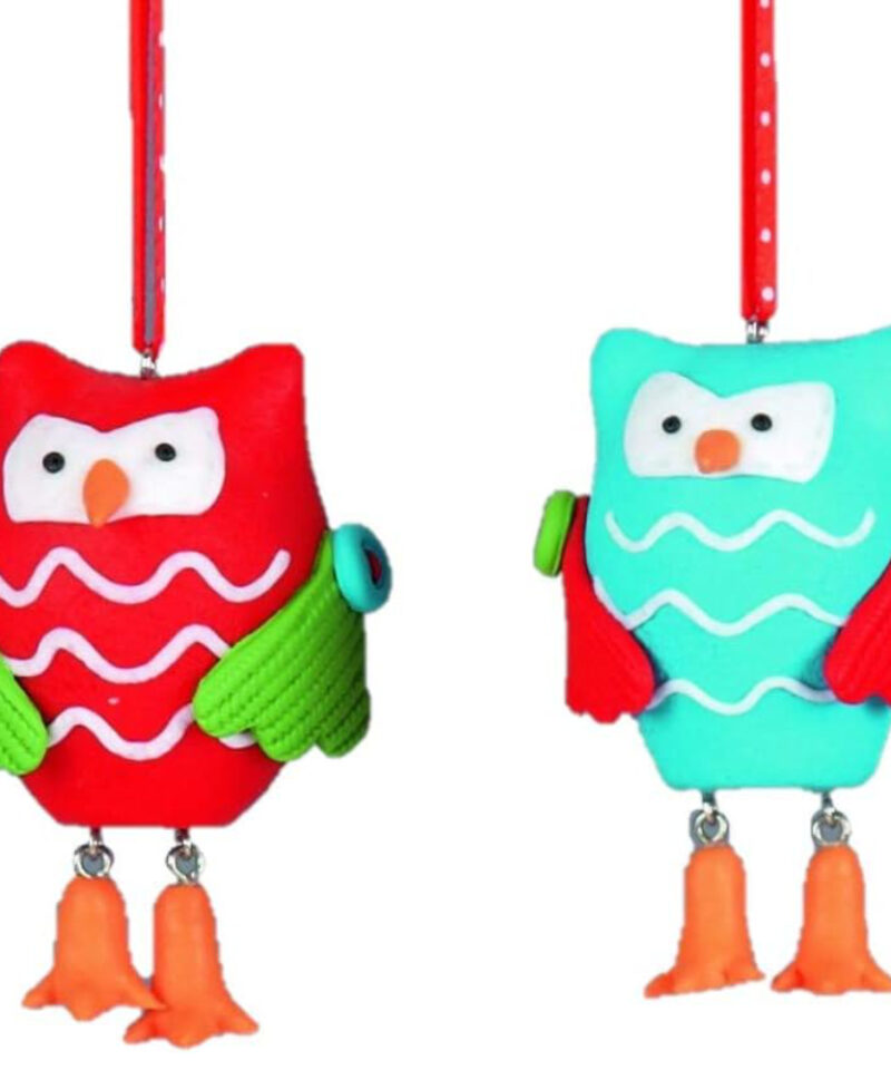 One Bright Blue And One Bright Red Decorated Clay Owl Decorations - 1 of Each - Christmas Tree Hanger
