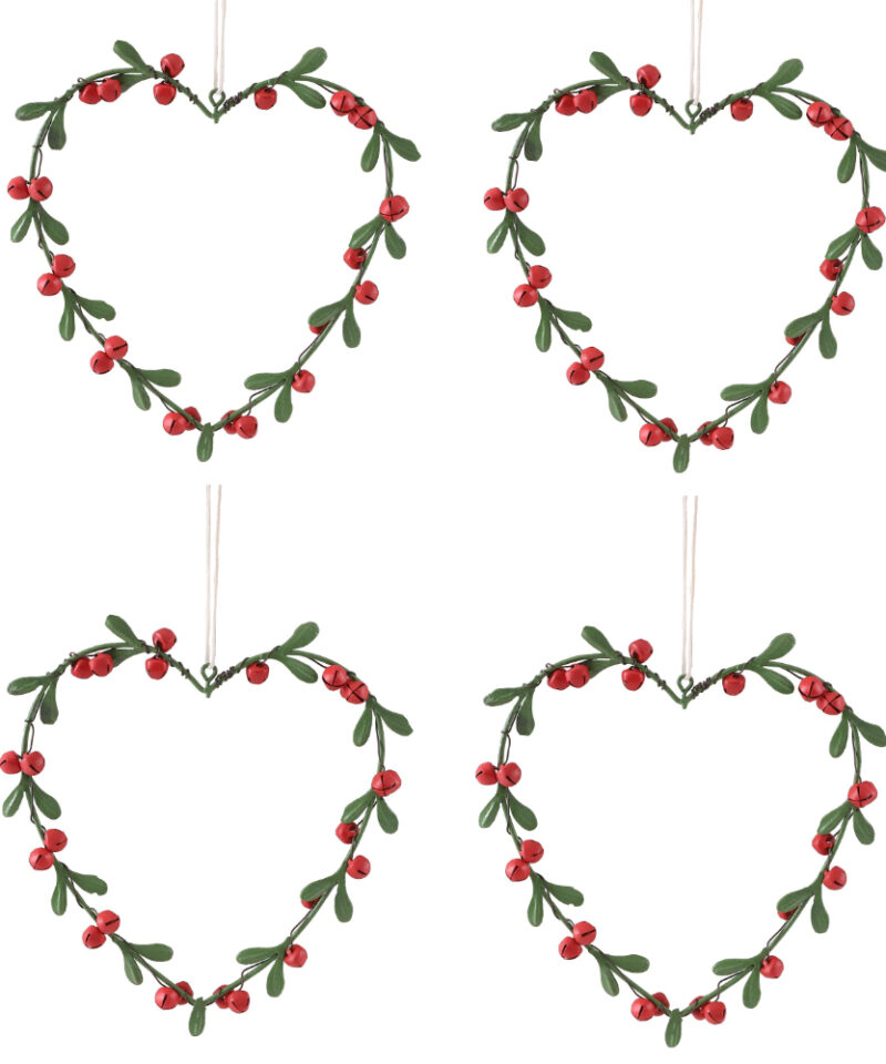 Toyland® Pack of 4 14cm Green and Red Heart Shape Metal Tree Decoration With Bells