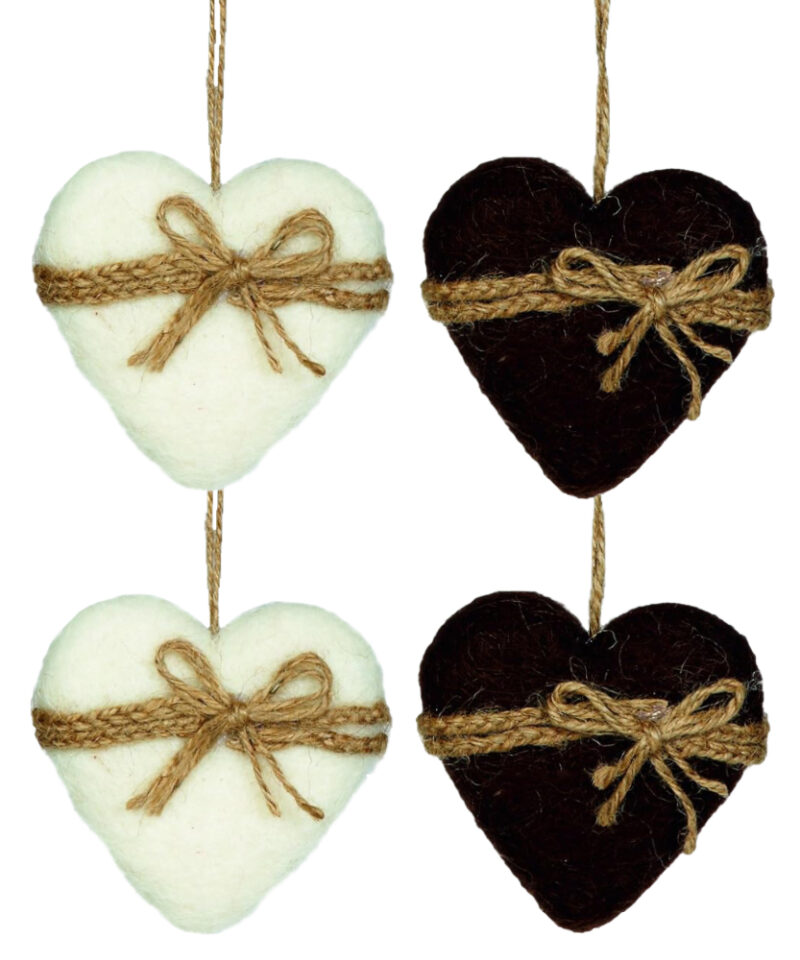 Pack of 4 - 10cm White & Chocolate Heart Christmas Tree Decorations