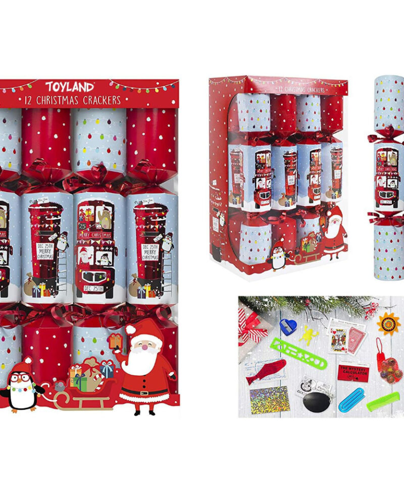 Toyland® Pack of 12 Christmas Crackers With Post Box & Red Bus Design - British Christmas Theme