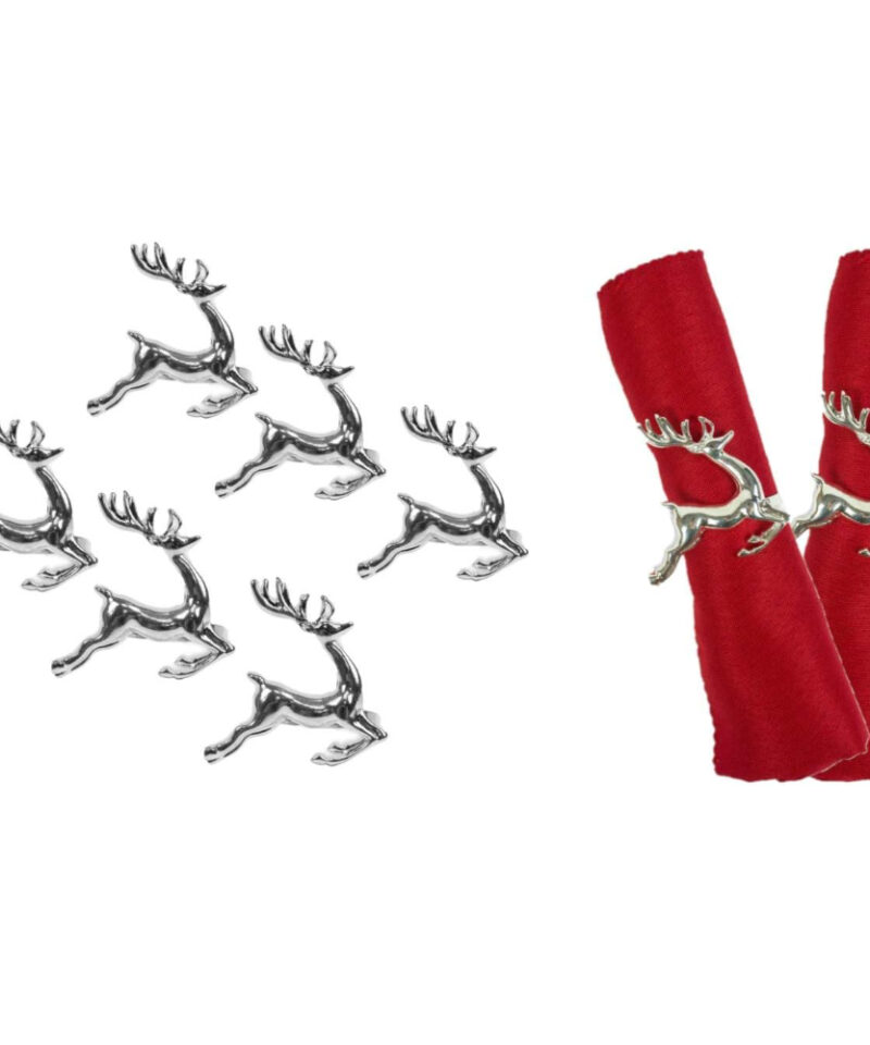 Pack of 6 - Metal Christmas Napkin Holders - 6 Silver Reindeer - Christmas Tableware