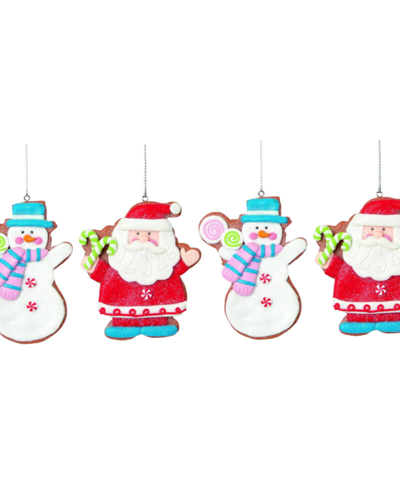 Two Of Each Adorable 9cm Colourful Claydough Assorted Design Tree Trims Coated In Glitter - Santa And Snowman