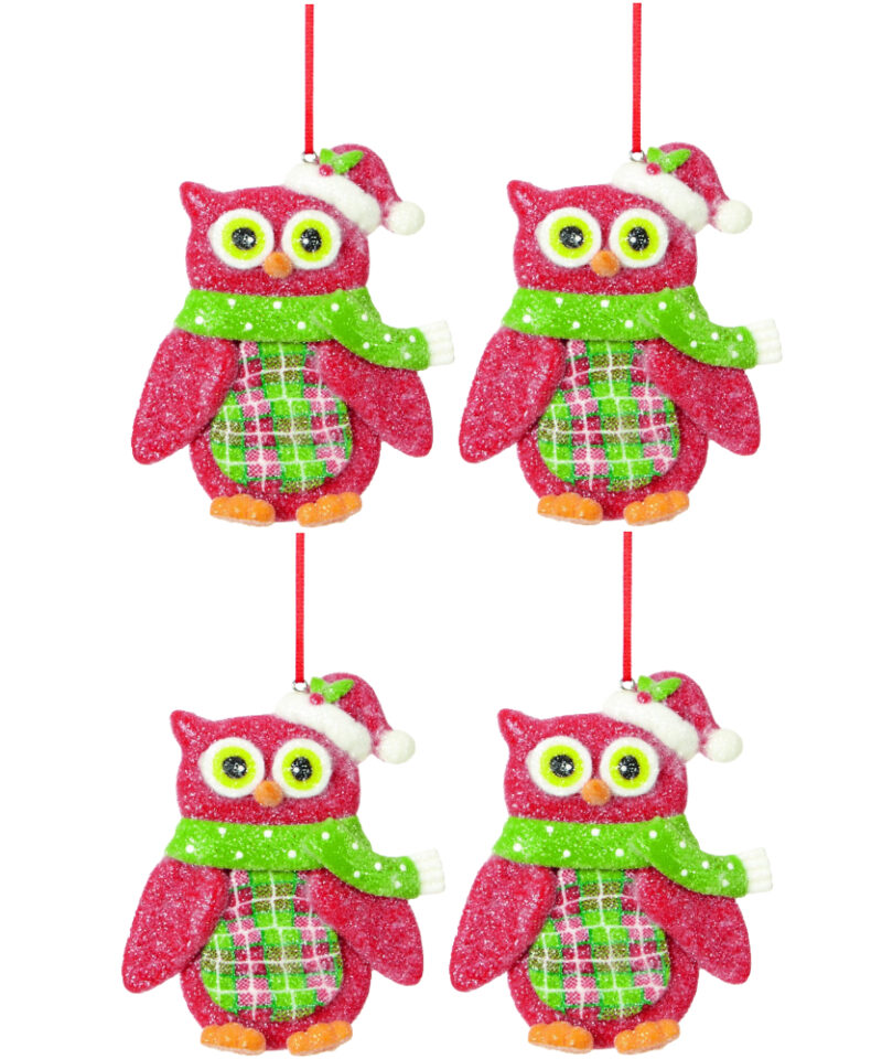 Toyland Four Colourful And Sparkly Red 9cm Claydough Owl Hangers - Perfect Christmas Hanger