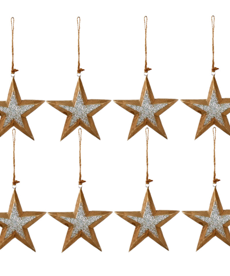 Toyland® Pack of 8-12cm Wooden Silver Glitter Star - Christmas Tree Decoration
