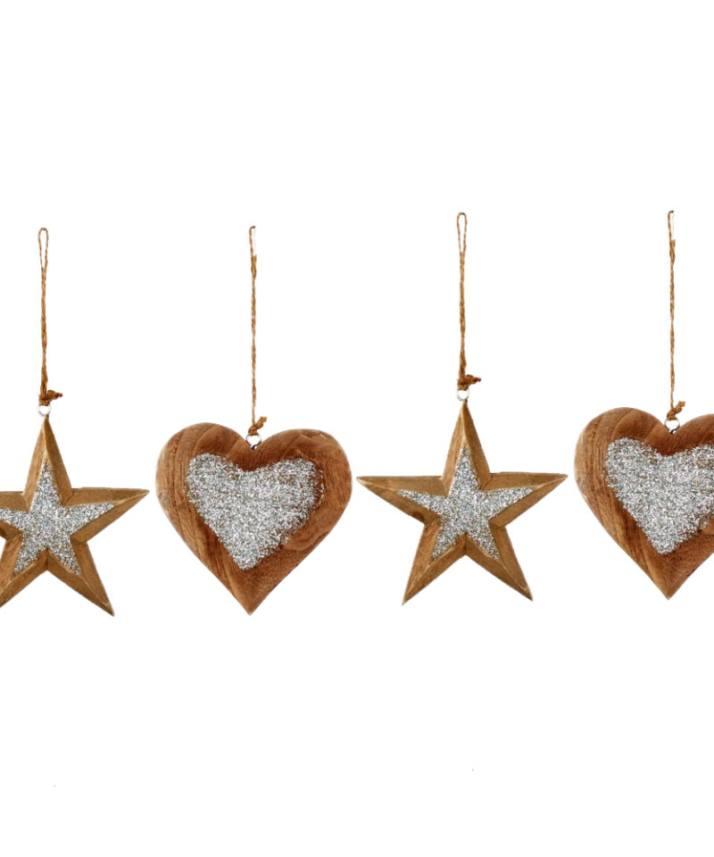 Toyland® Pack of 4-12cm Wooden Silver Glitter Heart and Star - Christmas Tree Decoration