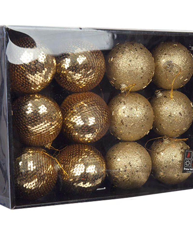 SET OF 12 DELUXE GOLD BAUBLES - 2 DESIGNS