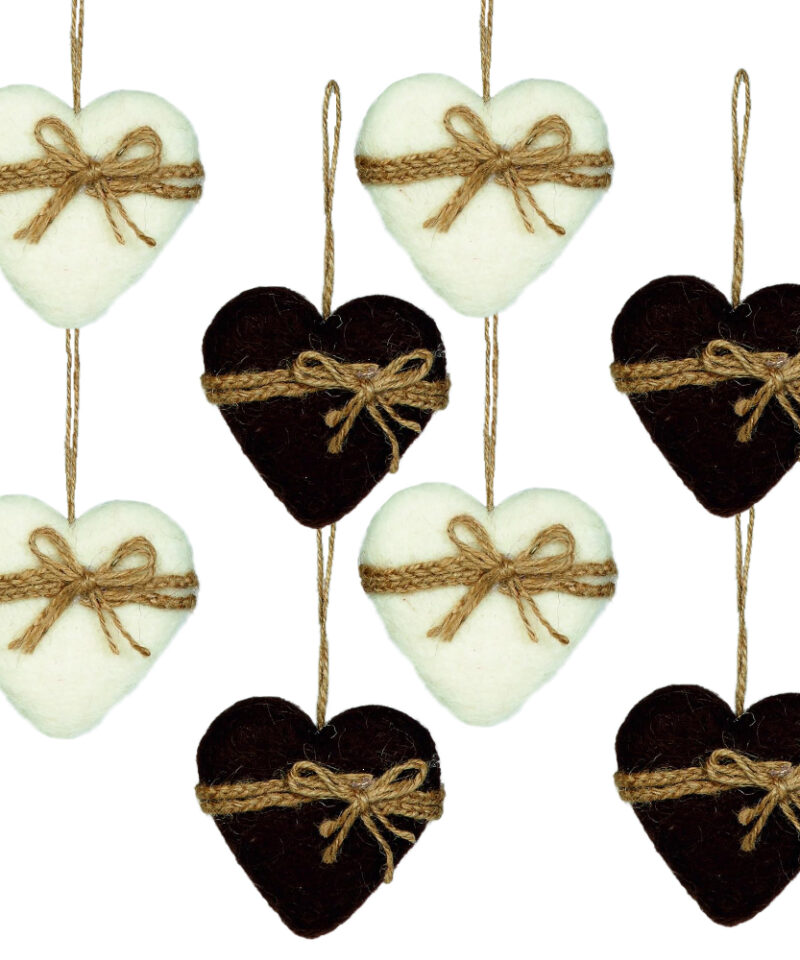 Toyland Pack of 8-10cm White And Brown Woollen Heart Christmas Tree Bauble Decoration