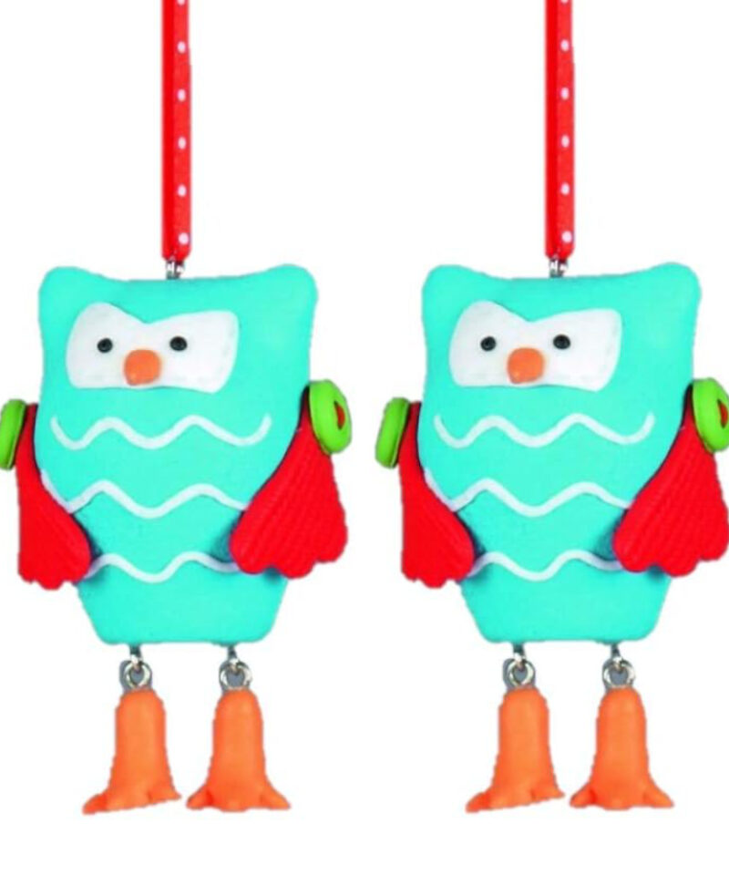 Two 6cm Bright Blue Decorated Clay Owl Decoration - Christmas Tree Hanger