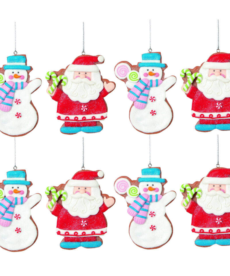 Toyland Four Of Each Adorable 9cm Colourful Claydough Assorted Design Tree Trims Coated In Glitter - Santa And Snowman