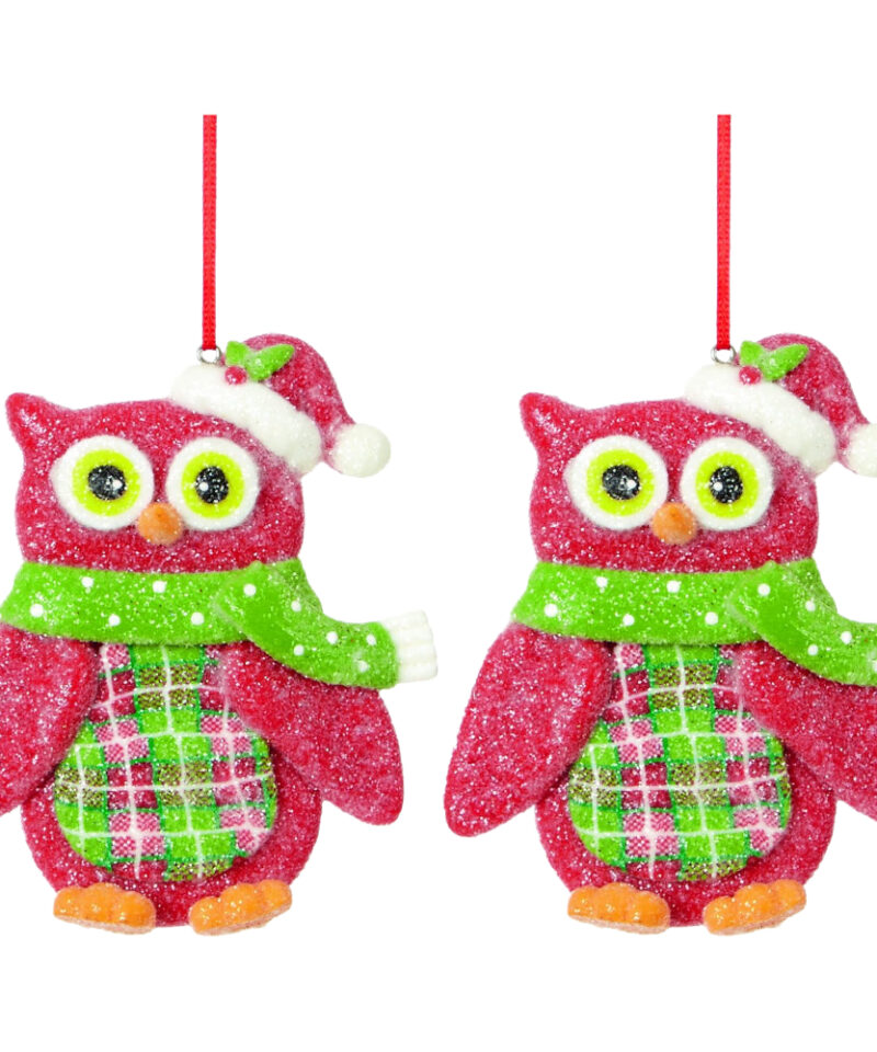 Two Colourful And Sparkly Red 9cm Claydough Owl Hangers - Perfect Christmas Hanger