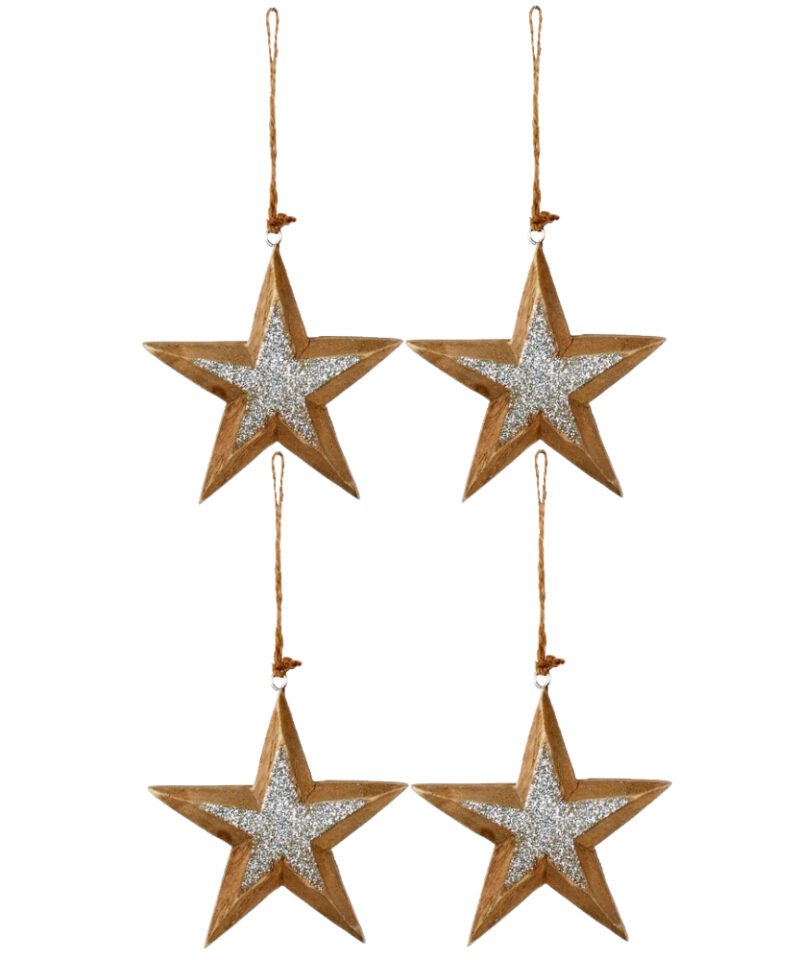 Toyland® Pack of 4-12cm Wooden Silver Glitter Star - Christmas Tree Decoration