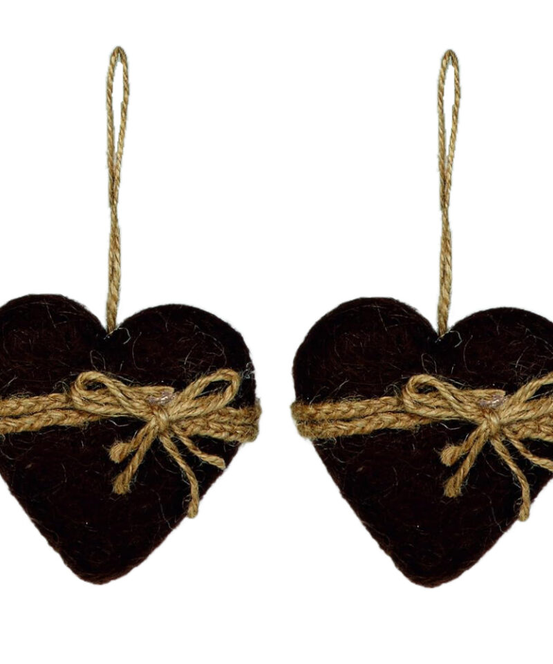 Pack of 2 - 10cm Brown Woollen Heart Christmas Tree Bauble Decoration
