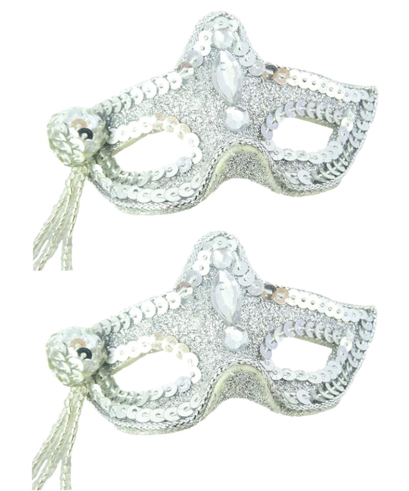 Pack of 2 -Glamourous Shiny Sparkling Silver Mask Tree Decoration - Perfect Christmas Hanger