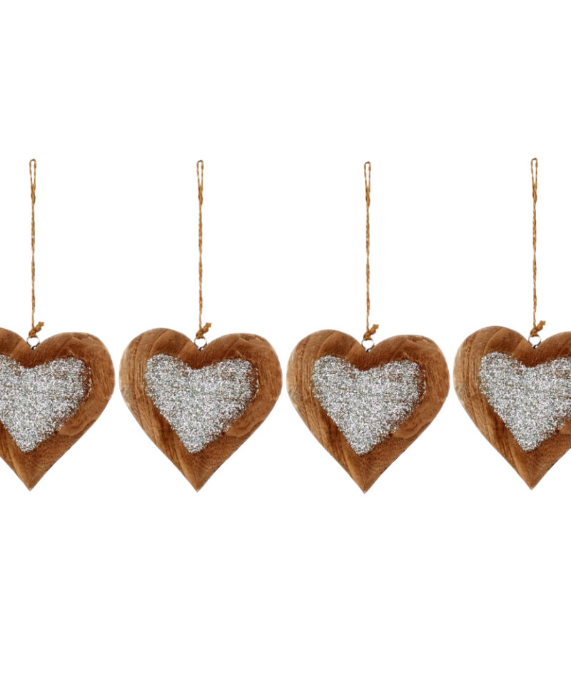 Toyland® Pack of 4-12cm Wooden Silver Glitter Heart - Christmas Tree Decoration