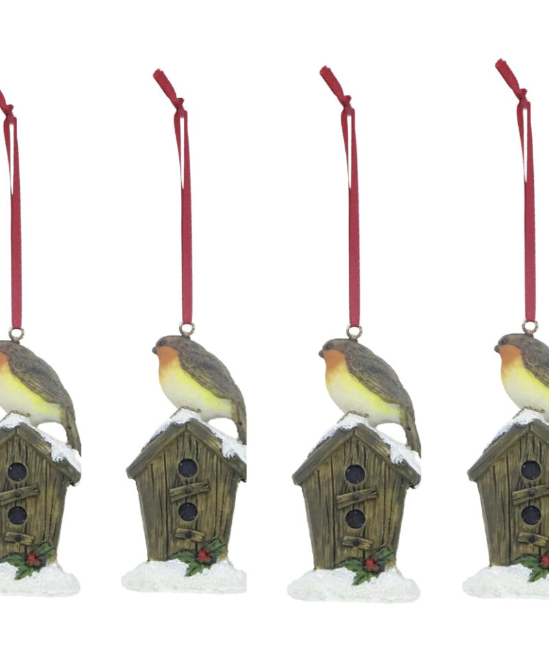 Toyland Pack of 4-9CM Hanging Robin Christmas Tree Decoration - Birdhouse - Festive Ornaments