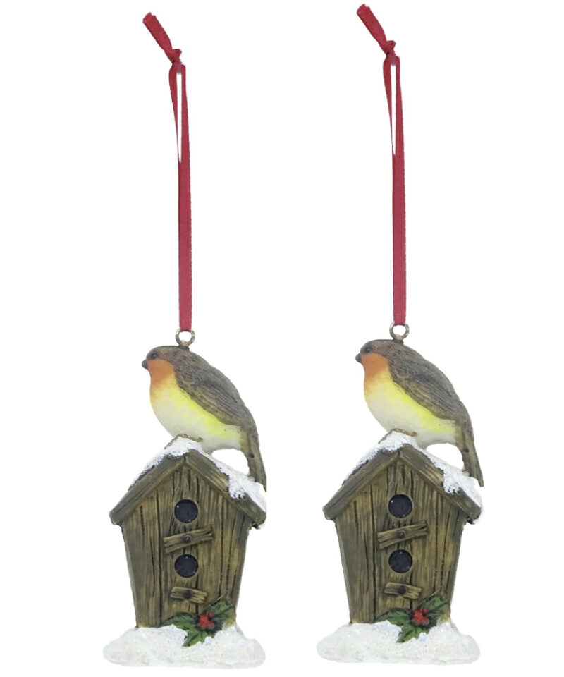 Toyland® Pack of 2-9CM Hanging Robin Christmas Tree Decoration - Birdhouse - Festive Ornaments