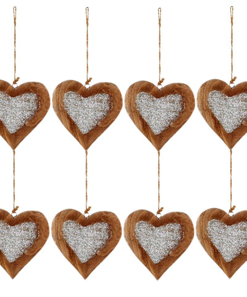 Toyland® Pack of 8-12cm Wooden Silver Glitter Heart - Christmas Tree Decoration