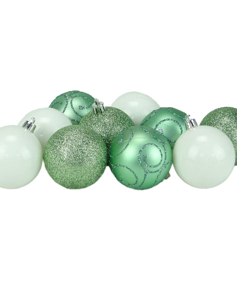 Toyland 10 x 60mm Decorated Green & White Christmas Baubles - Christmas Tree Decorations