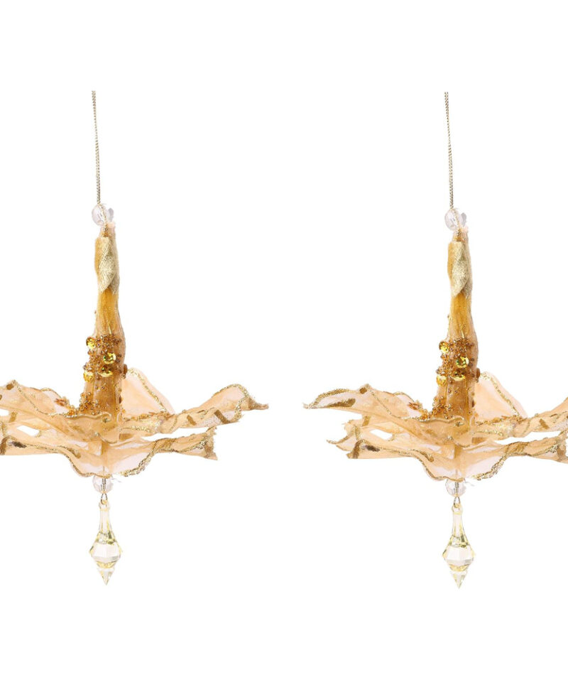 Toyland 2 Pack - 18cm Hanging Fabric Flower Decoration - Gold - Christmas Tree Decorations