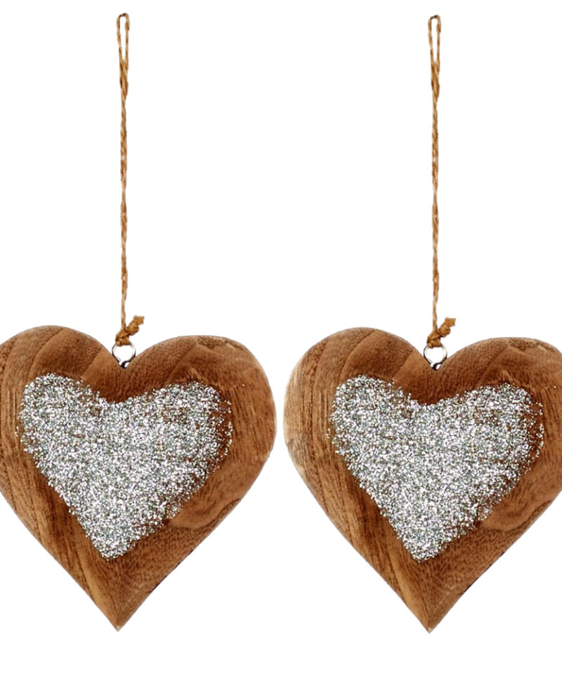 Premier Pack of 2-12cm Wooden Silver Glitter Heart - Christmas Tree Decoration