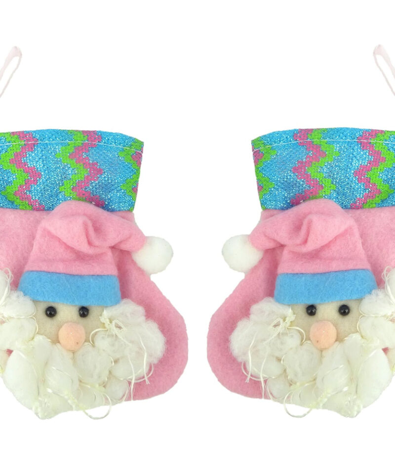 Two Baby Christmas Stocking Tree Hangers With Felt Santa Character Attached - Christmas Decoration