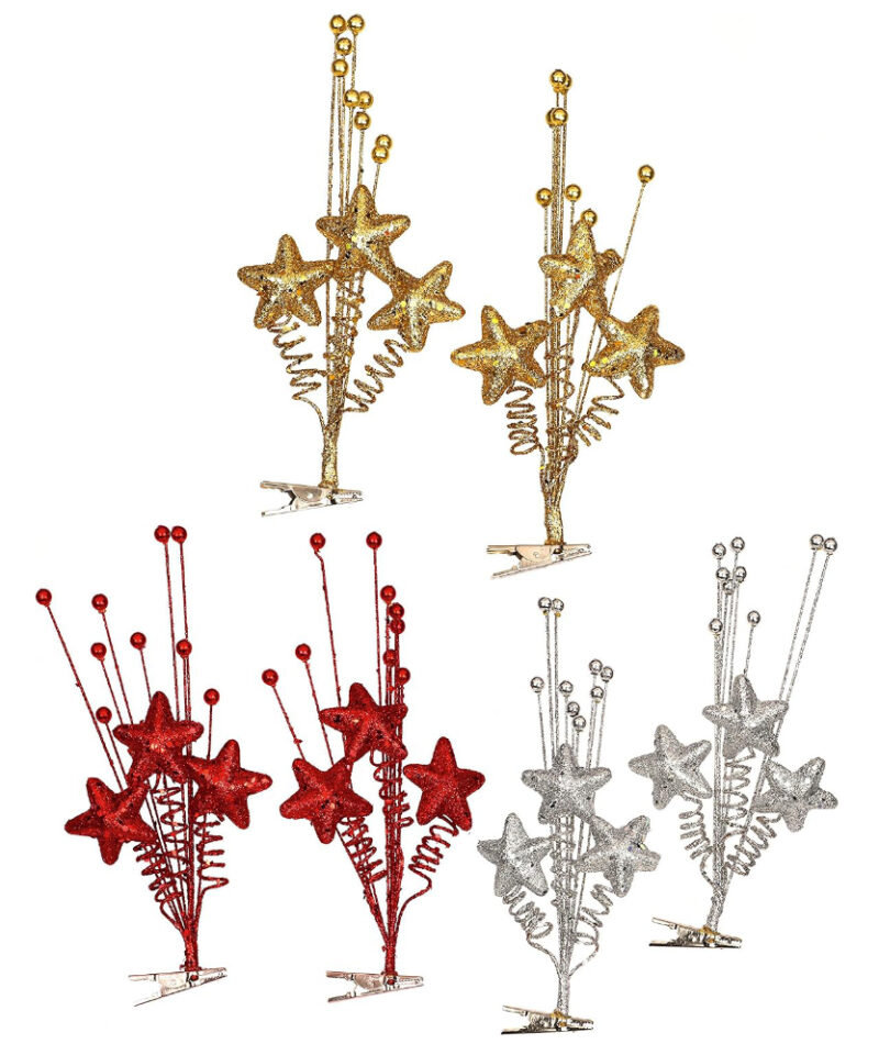 Set Of 2 Glittery Silver, Red and Gold Star Tree Clips With Decorative Balls - Christmas Decorations (3 Packs)