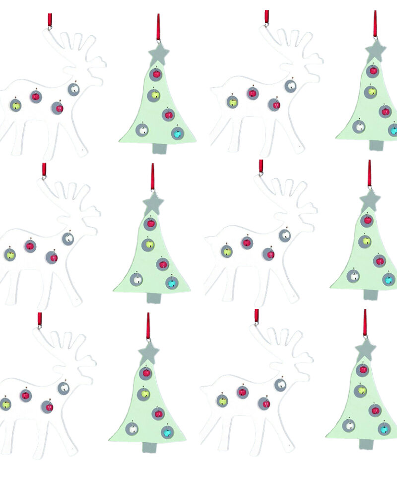 Pack of 12-15cm Christmas Tree Hanging Decorations With Bells - 6 Reindeer & 6 Christmas Trees