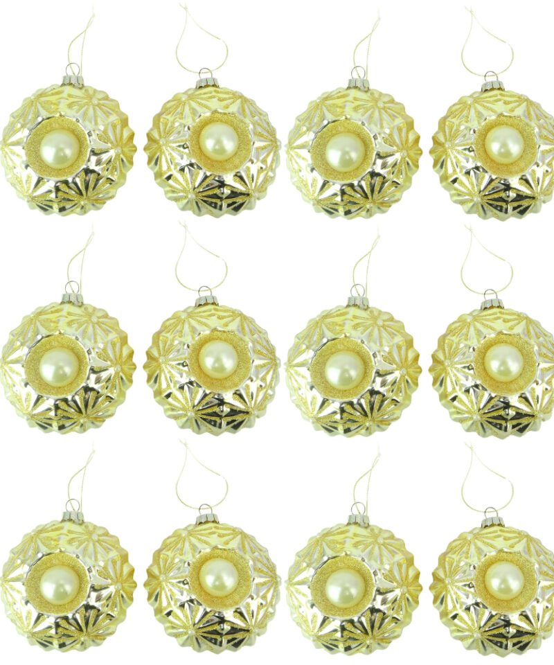 Toyland Pack of 12-10cm Gold Unique Decorated Christmas Baubles With A Pearl Centre