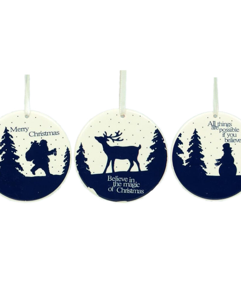 Pack of 3 - Assorted Festive Disc Tree Trims With Christmas Message - Santa, Reindeer And Snowman Design