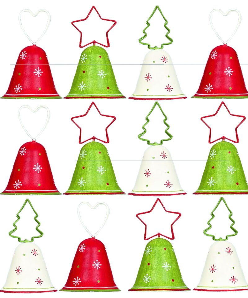 Toyland® Set of 12-10cm Christmas Themed Bell Decoration With Festive Shaped Tops - Assorted Colours