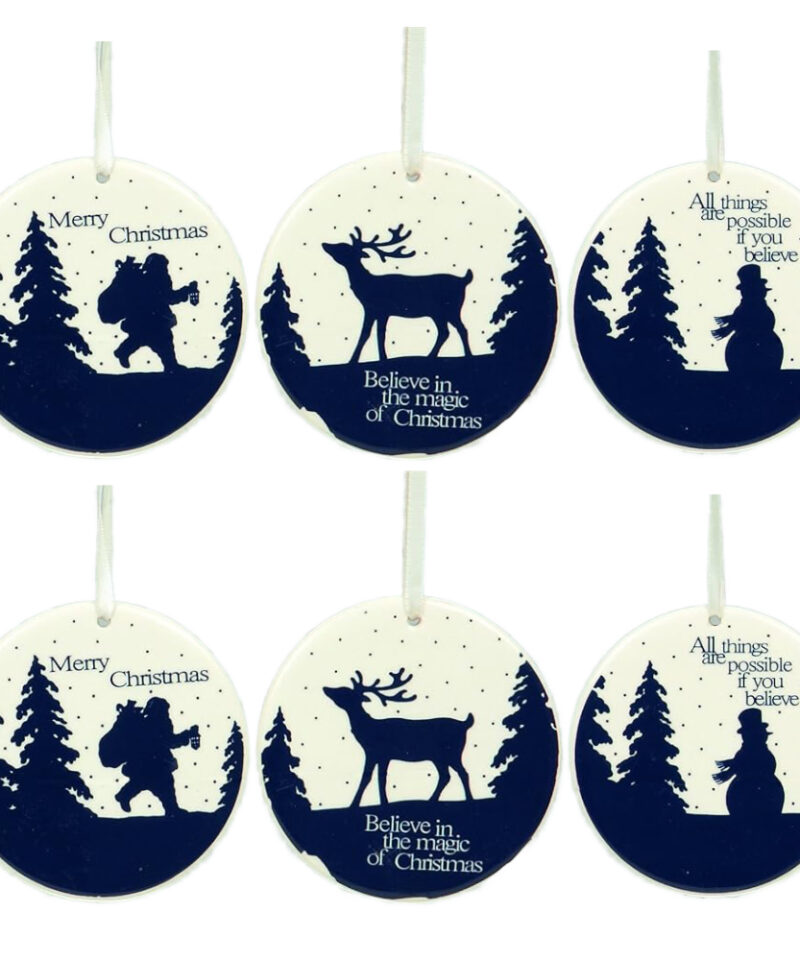 Toyland Pack of 6 - Assorted Festive Disc Tree Trims With Christmas Message - Santa, Reindeer And Snowman Design