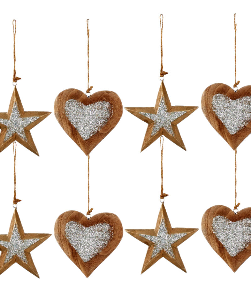 Toyland® Pack of 8-12cm Wooden Silver Glitter Heart and Star - Christmas Tree Decoration