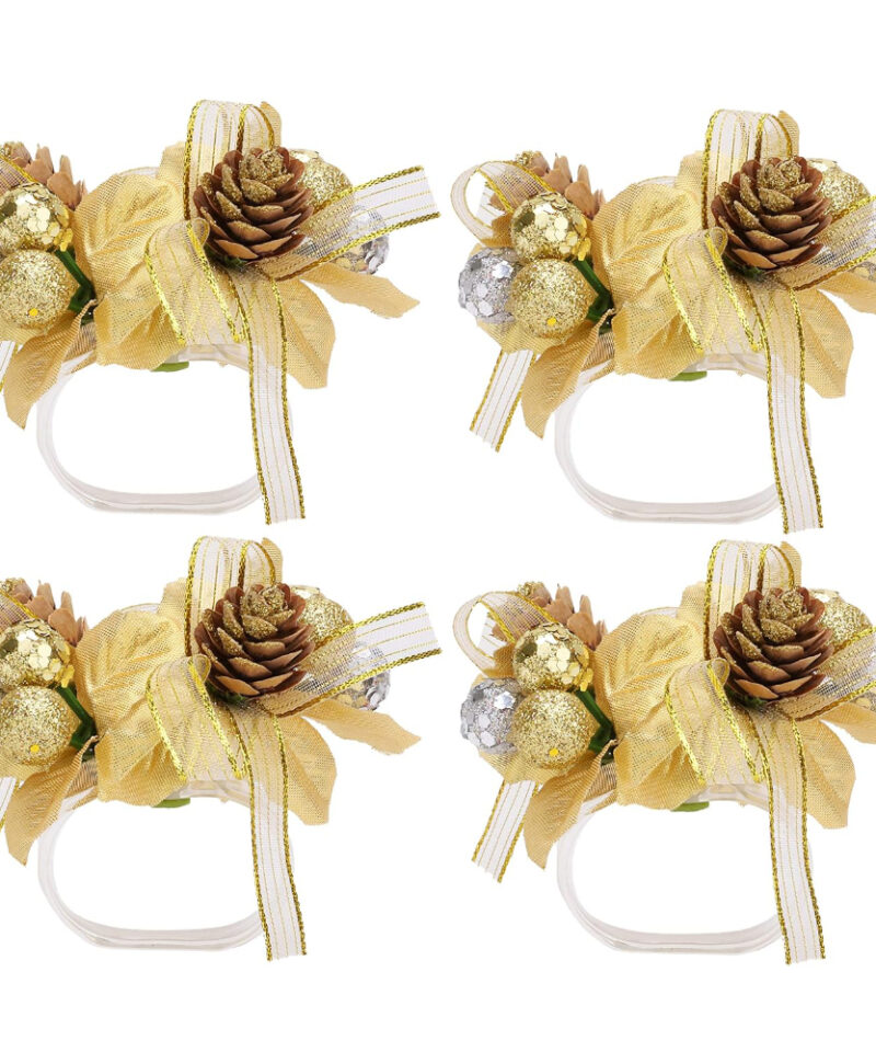 9cm (3.5") Gold Floral Napkin Rings - Pack of 4 - Christmas Decorations - Dinner Table Settings