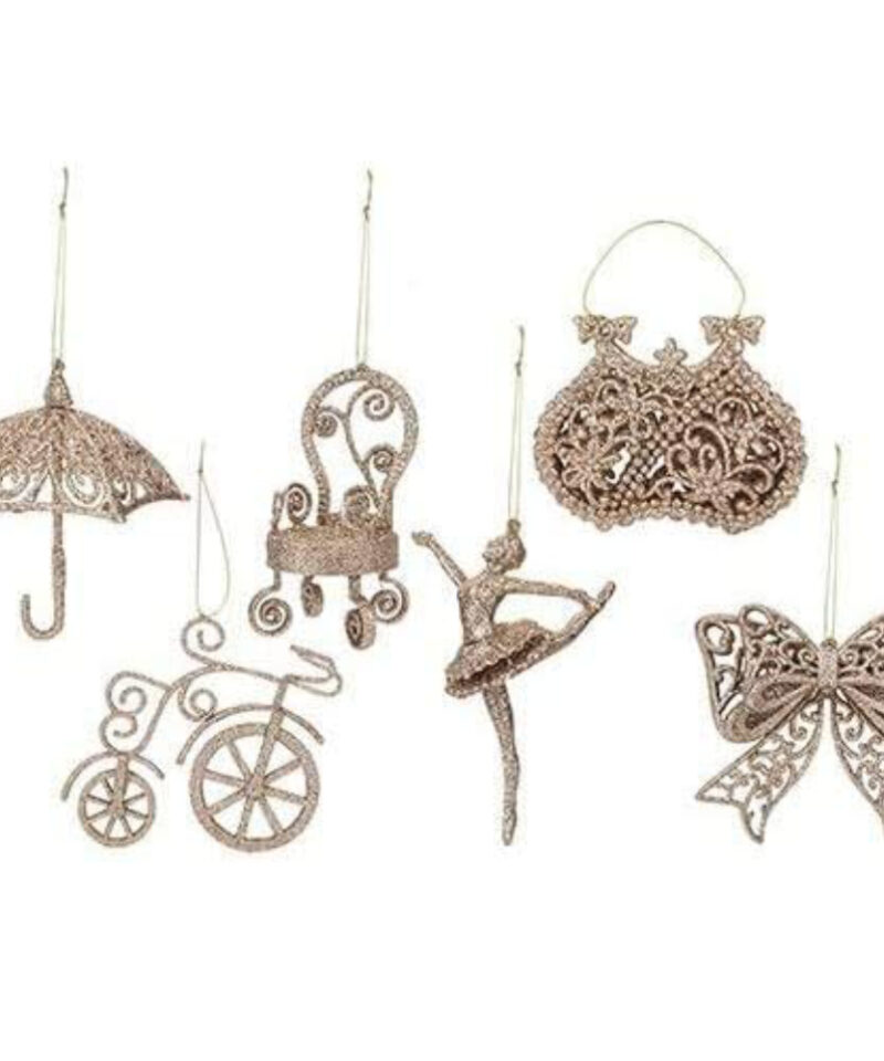 Pack Of 6-10cm Glittery Decorative Tree Trims - 6 Assorted Designs - One Of Each Supplied (Rose Gold)
