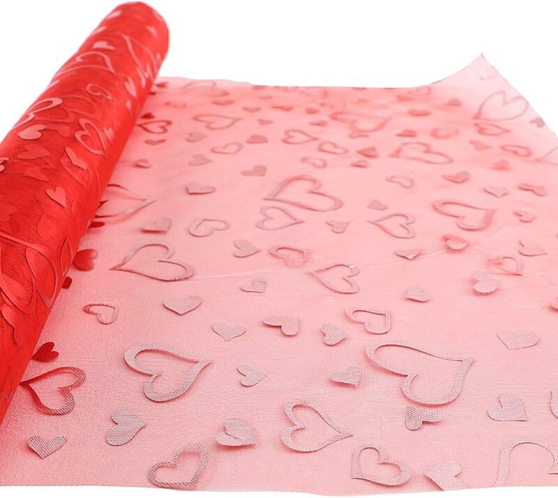 9M x 40cm Roll of Sheer Organza - Christmas Decorations/Wedding Accessories (Red with Hearts)