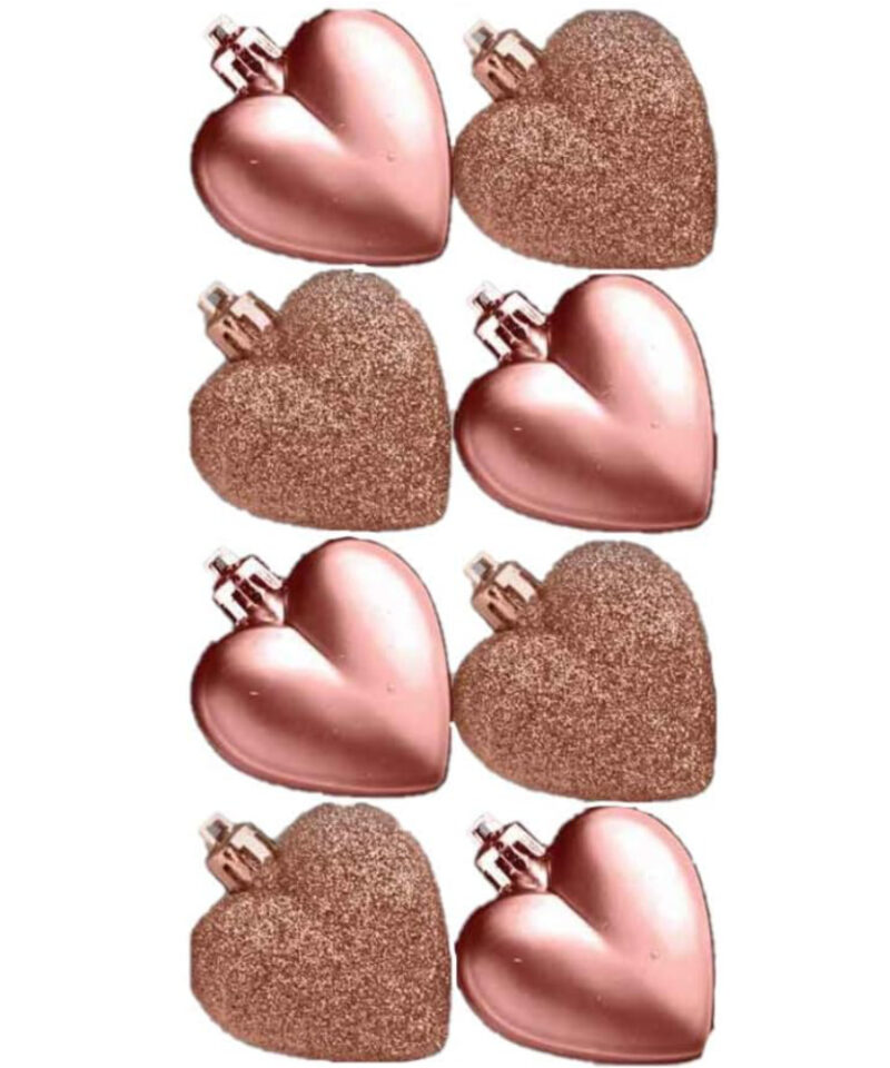 Pack of 8-5cm Rose Gold Heart Baubles - Matte and Glitter- Christmas Tree Decorations