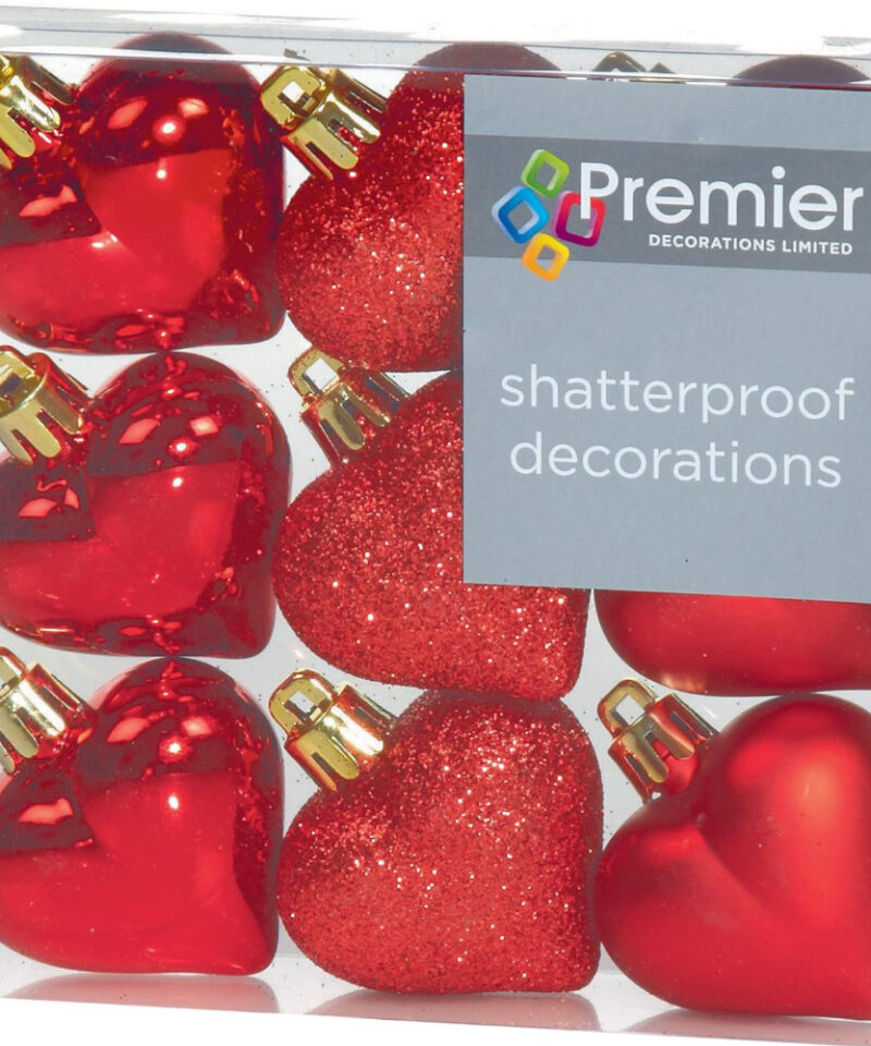Christmas Decorations 9 Pack 40mm Multi Finish Heart baubles - Red