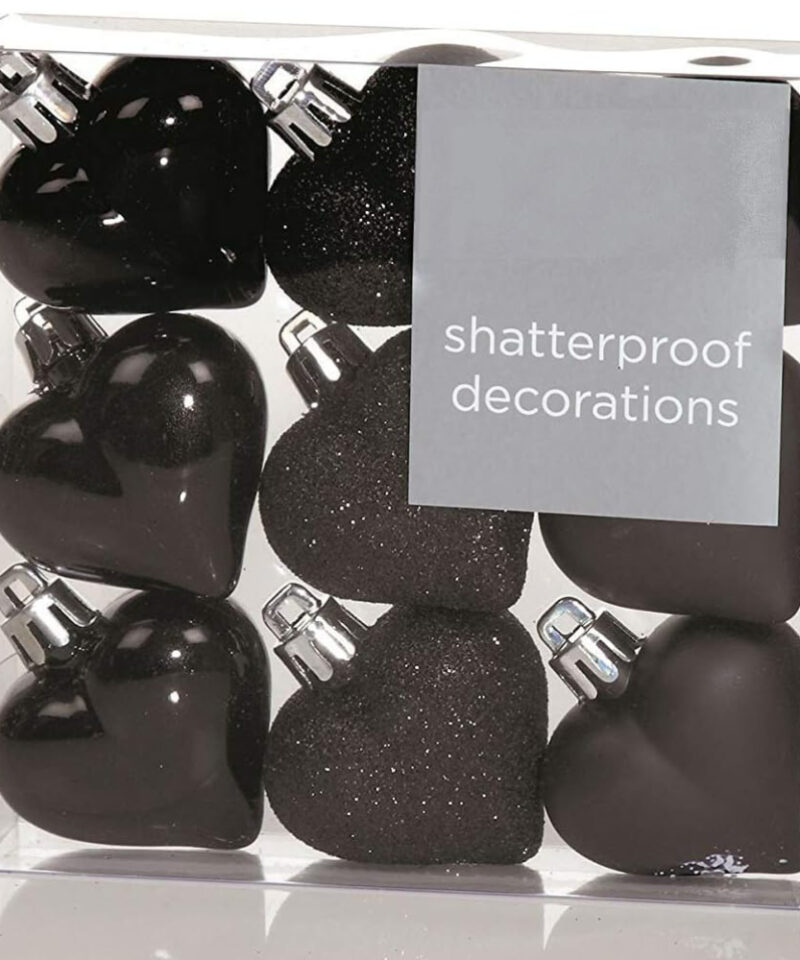 1 Pack Of 9 40mm Multi-Finish Black Heart Shaped Baubles - Christmas Tree Decorations