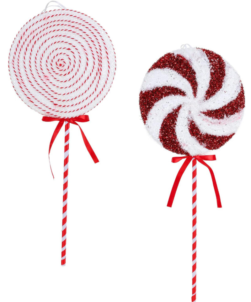 Pack of 2 - Red & White Giant Sparkly Lollipop Christmas Tree Hanging Decorations (37cm)