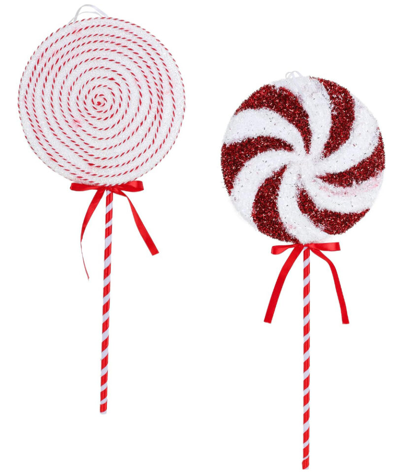 Pack of 2 - Red & White Giant Sparkly Lollipop Christmas Tree Hanging Decorations (41cm)