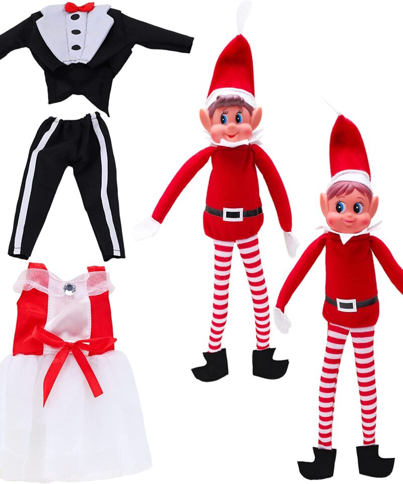 Elves Behavin Badly Wedding Elf Bundle - Boy & Girl 12 Inch Elf Soft Toy with Bride & Groom Outfits - Elfie and Elvie - Naughty Elf Costumes
