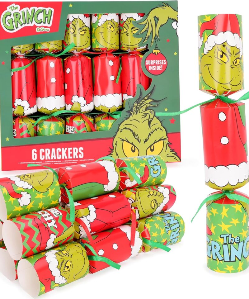 Toyland® Pack Of 6-30cm (12") Deluxe Green & Red Grinch Themed Christmas Crackers – Fully Recyclable - Includes Hats, Mottos, Snaps & Novelty Gift - Fun Festive Table Decorations